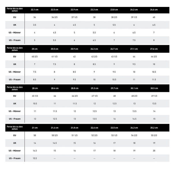 five ten size chart cm